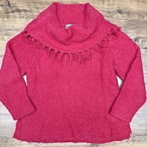 April Cornell Womens L Pink Boucle‎ Wool Blend Cowl Neck Sweater Fringe Boho